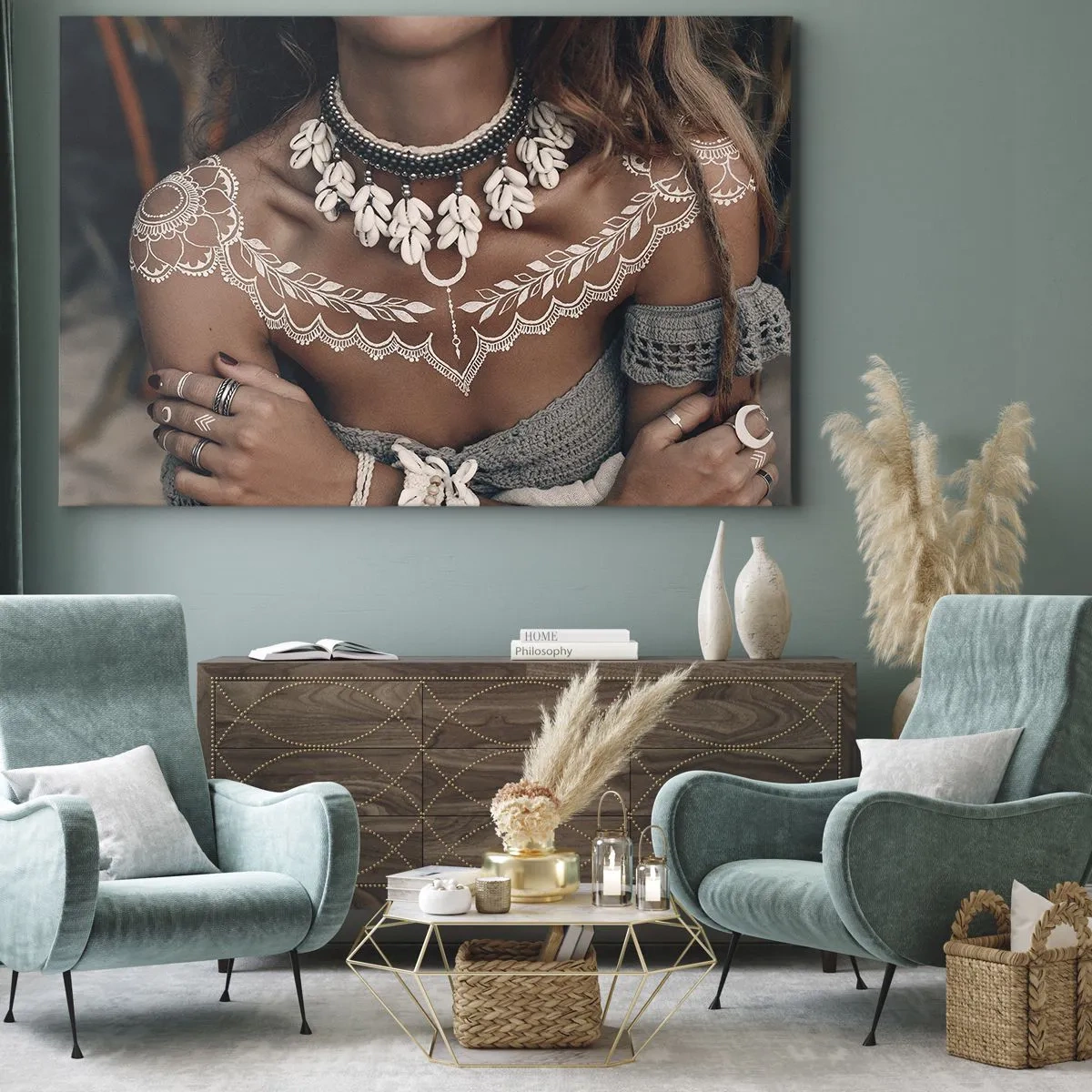 Canvas picture - Boho style with shell jewelry and a lace pattern - 70x50cm - Talismans, Rituals of Womanhood - Modern wall decoration for the living room and bedroom ARTTOR