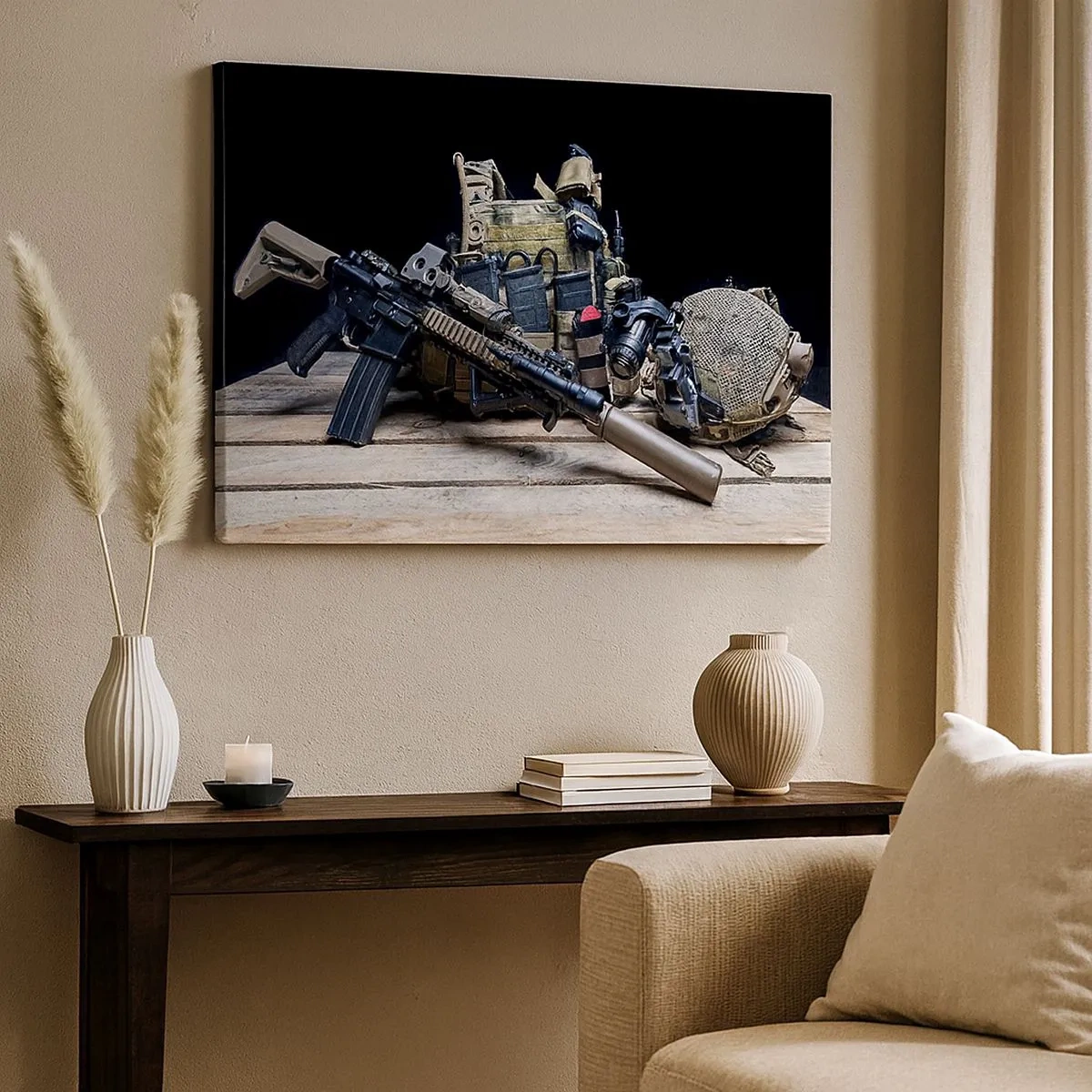 Canvas picture - Tactical equipment with a rifle on a wooden table - 70x50cm - At Ease - Modern wall decoration for the living room and bedroom ARTTOR