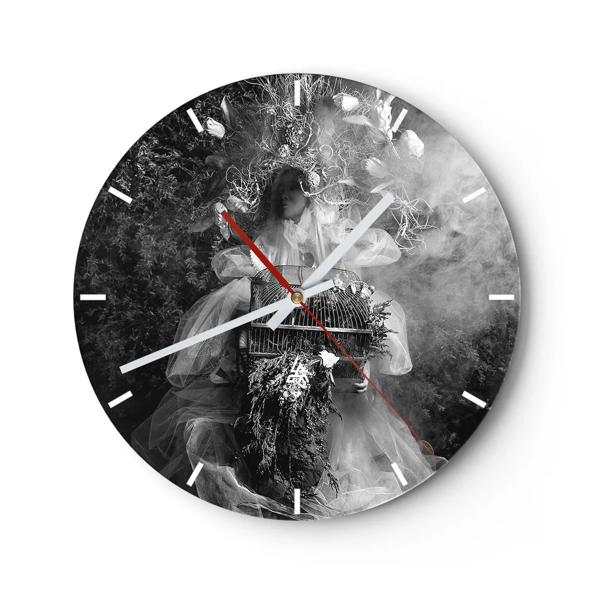Wall clock - Clock on glass - Artistic figure with a cage and a floral composition in the smoke - 30x30cm - Mother Nature - Modern wall decoration for the living room, kitchen, and bedroom ARTTOR
