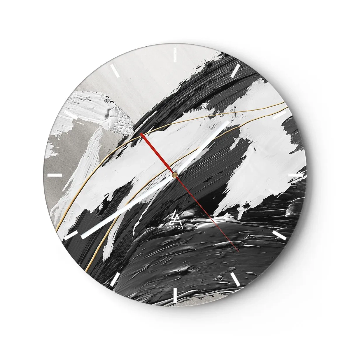 Wall clock - Clock on glass - Dynamic brushstrokes in black, white, and gray - 30x30cm - Abstract with Flair - Modern wall decoration for the living room, kitchen, and bedroom ARTTOR