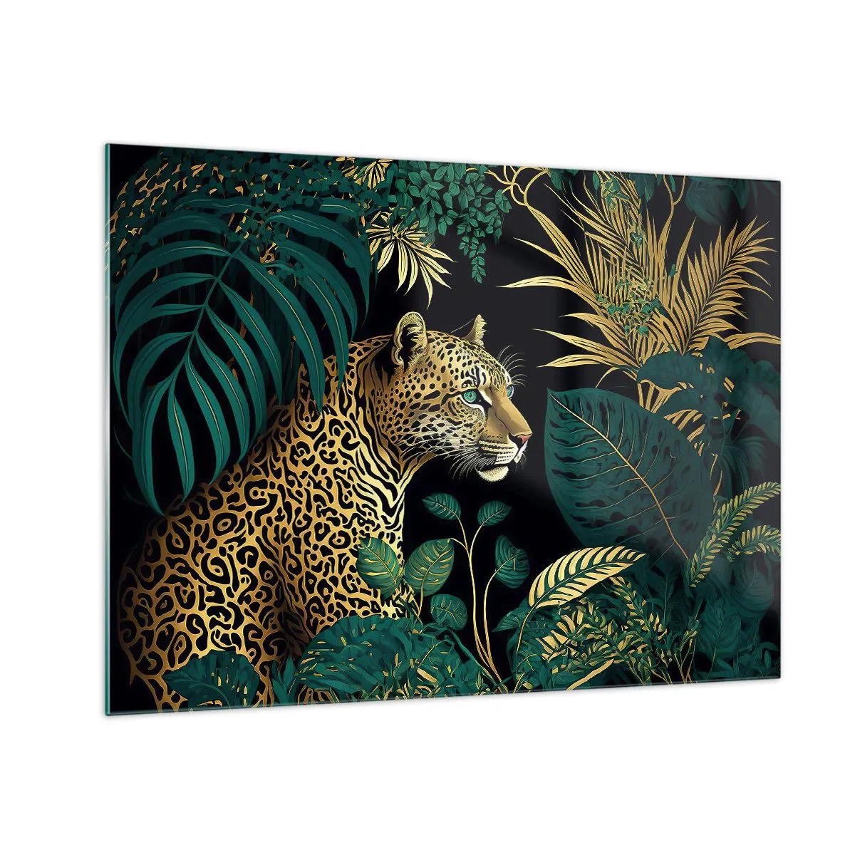 Glass picture - A leopard among tropical leaves on a dark background - 70x50cm - Host in the Jungle - Modern wall decoration for the living room and bedroom ARTTOR
