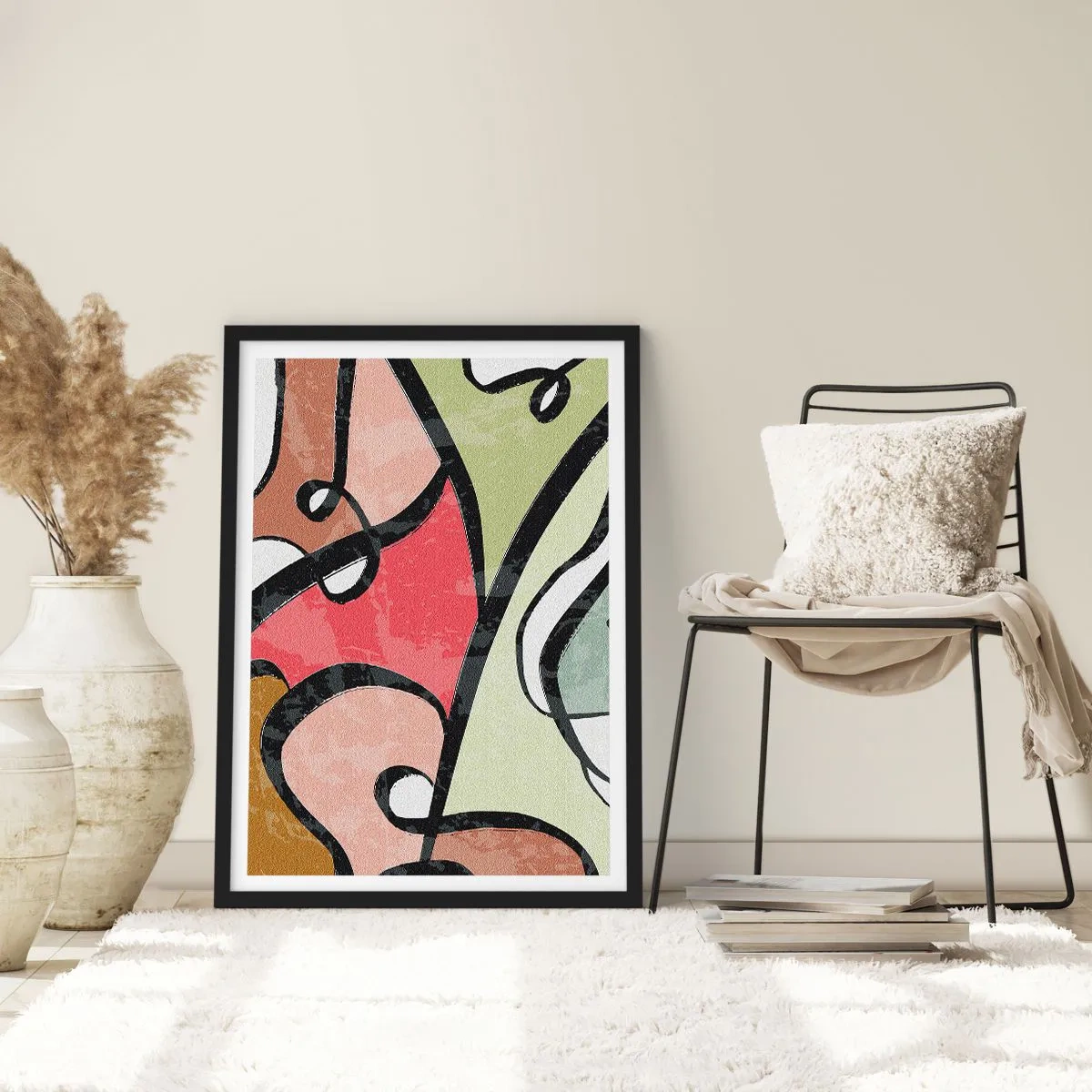 Poster in black frame - Colorful abstraction with black outlines - 50x70cm - Pirouettes Among Colours - Modern wall decoration for the living room and bedroom ARTTOR