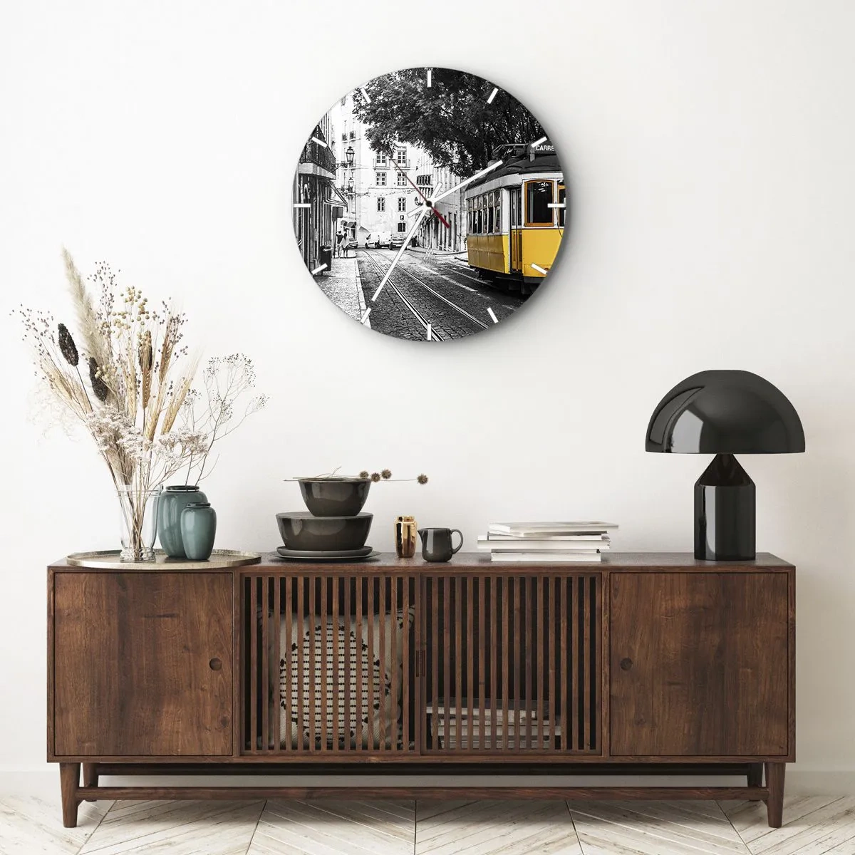 Wall clock - Clock on glass - A yellow tram on a black and white street in a historic district - 30x30cm - With Fado in the Background - Modern wall decoration for the living room, kitchen, and bedroom ARTTOR