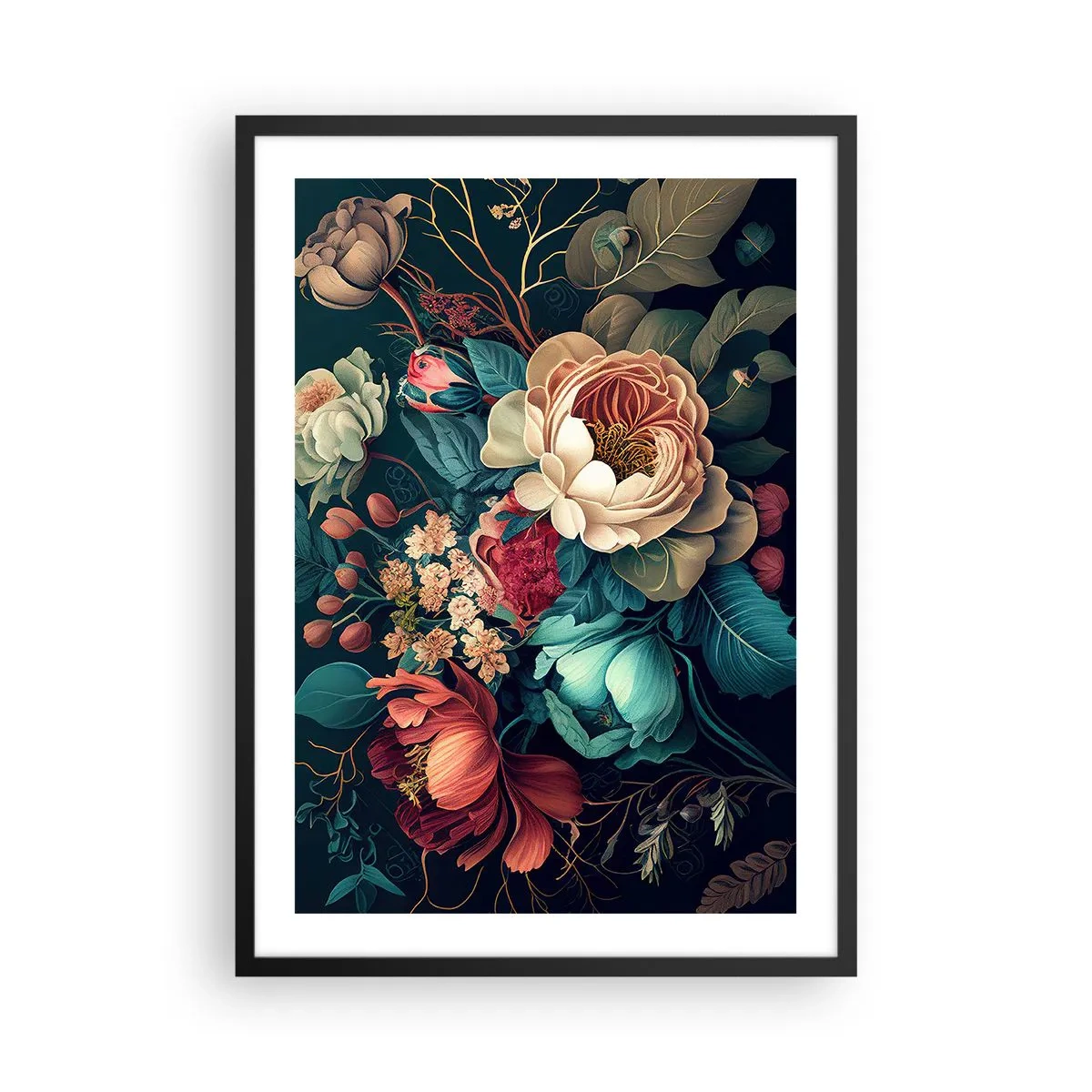 Poster in black frame - A bouquet of flowers in the Baroque style on a dark background - 50x70cm - 19th Century Charm - Modern wall decoration for the living room and bedroom ARTTOR
