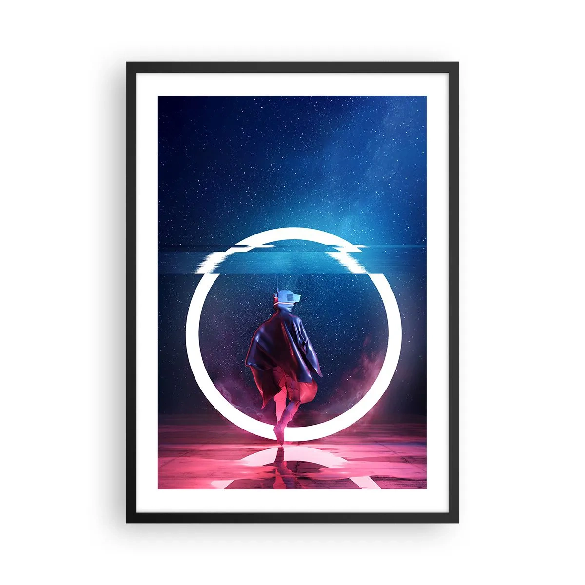 Poster in black frame - A figure in a futuristic outfit and VR goggles against the background of a circle of light - 50x70cm - Between Worlds - Modern wall decoration for the living room and bedroom ARTTOR