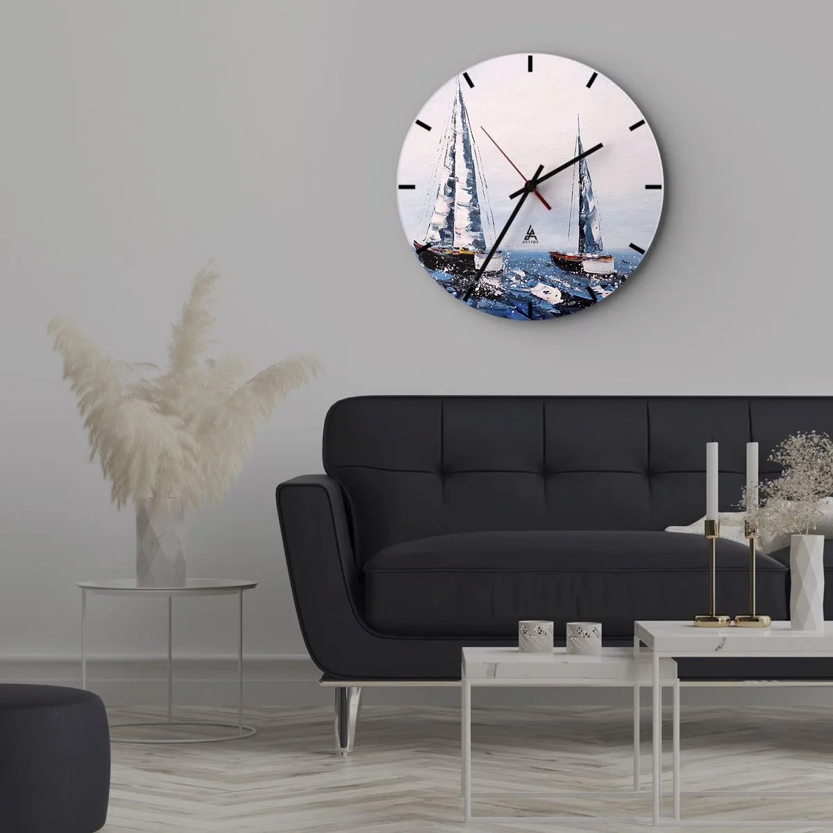 Wall clock - Clock on glass - Two sailboats on a stormy sea in a painterly style - 30x30cm - Brotherhood of Wind - Modern wall decoration for the living room, kitchen, and bedroom ARTTOR