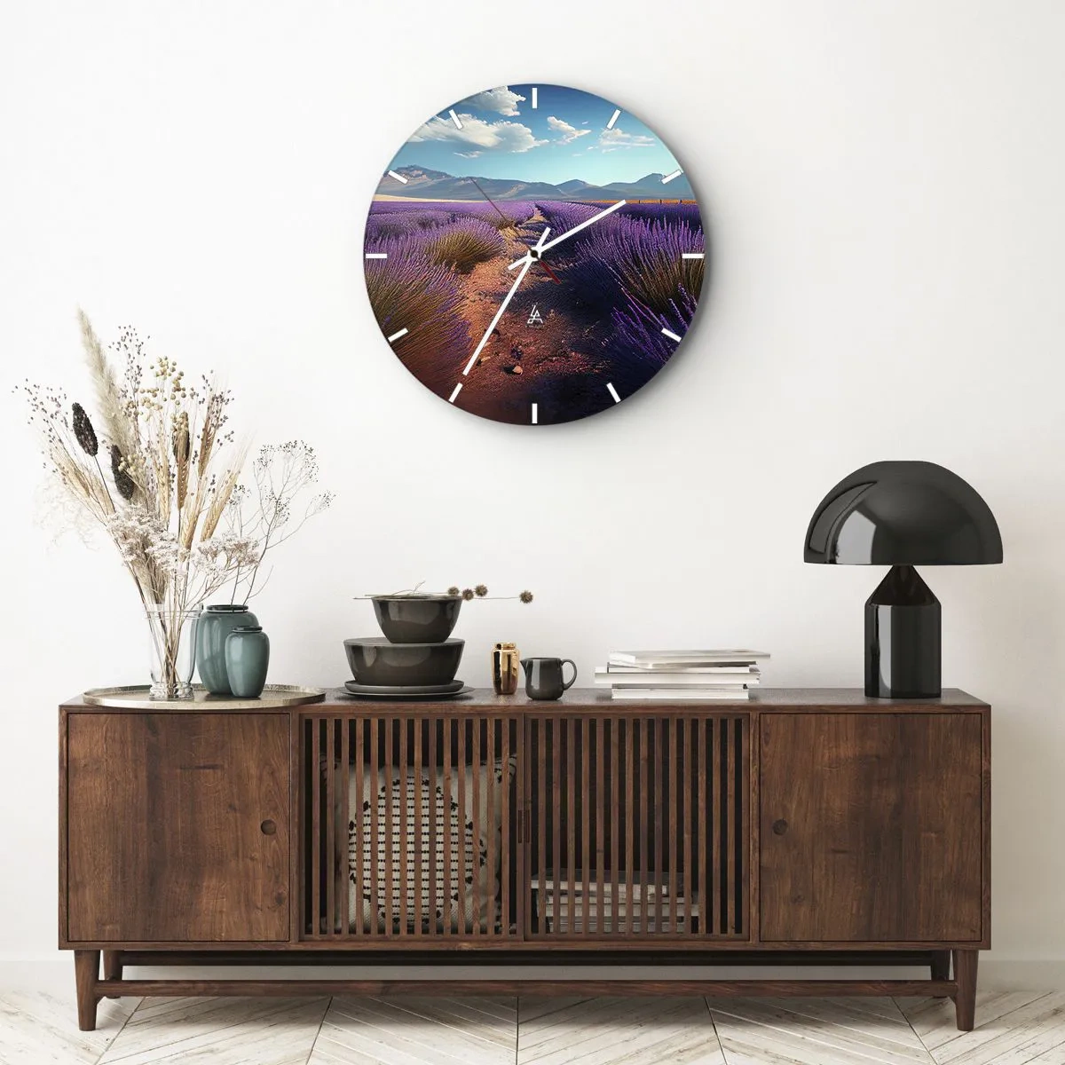 Wall clock - Clock on glass - A lavender field with a mountain landscape in the background - 30x30cm - Fragrant Fields - Modern wall decoration for the living room, kitchen, and bedroom ARTTOR