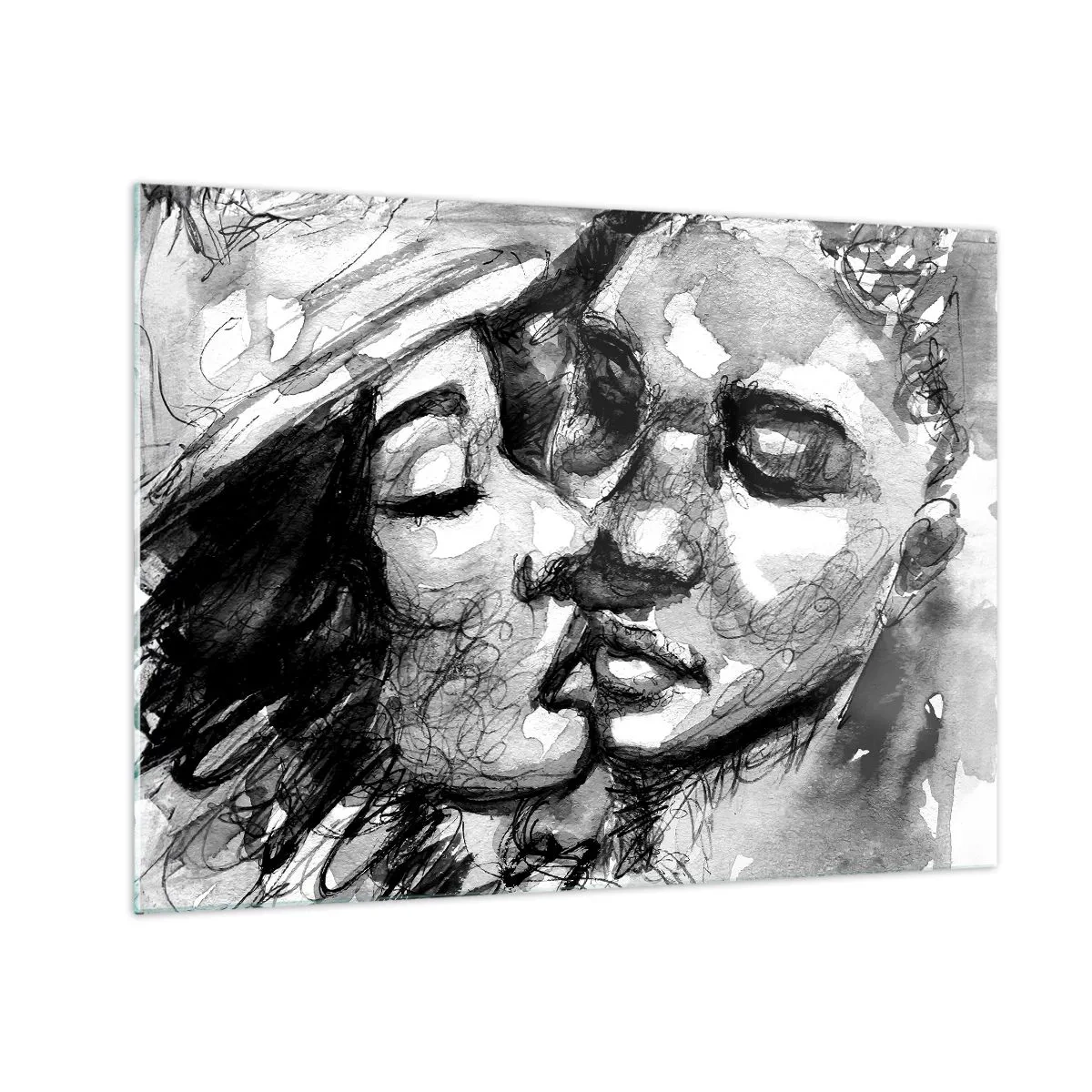 Glass picture - Black and white sketch of a tender kiss - 70x50cm - Tender Moment - Modern wall decoration for the living room and bedroom ARTTOR