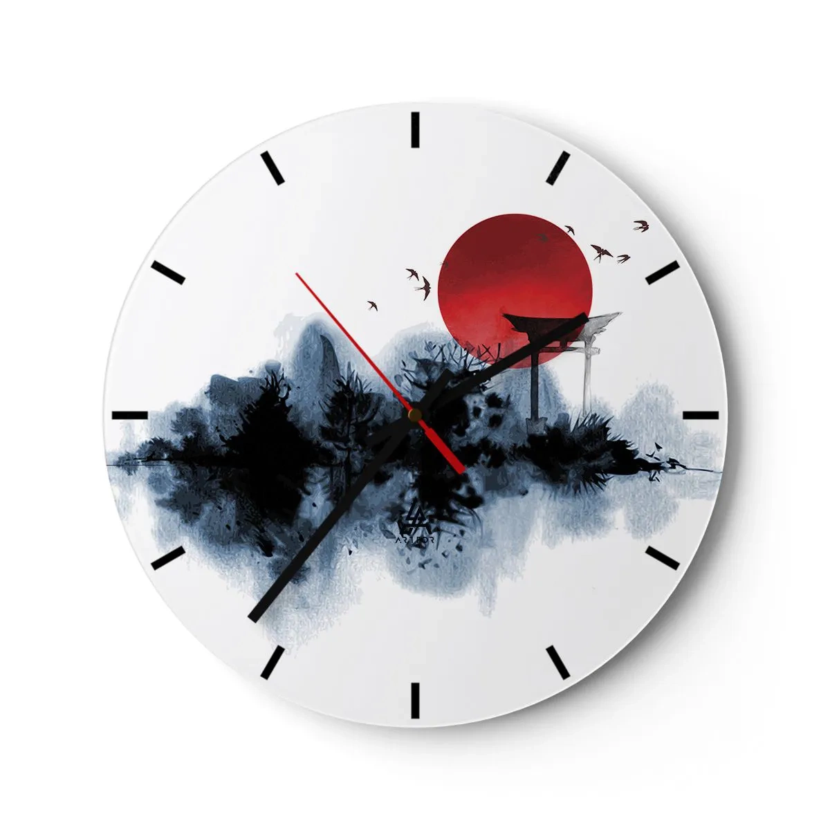 Wall clock - Clock on glass - A red sun ball and a Japanese-style torii gate over water - 30x30cm - Japanese View - Modern wall decoration for the living room, kitchen, and bedroom ARTTOR