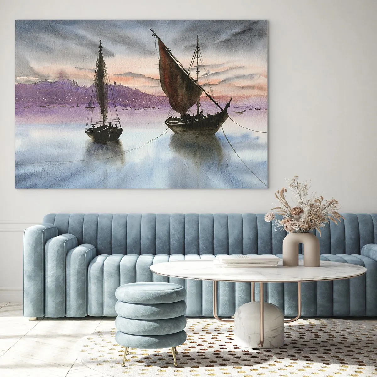 Glass picture - Two sailboats on calm water at sunset - 70x50cm - Evening at the Port - Modern wall decoration for the living room and bedroom ARTTOR