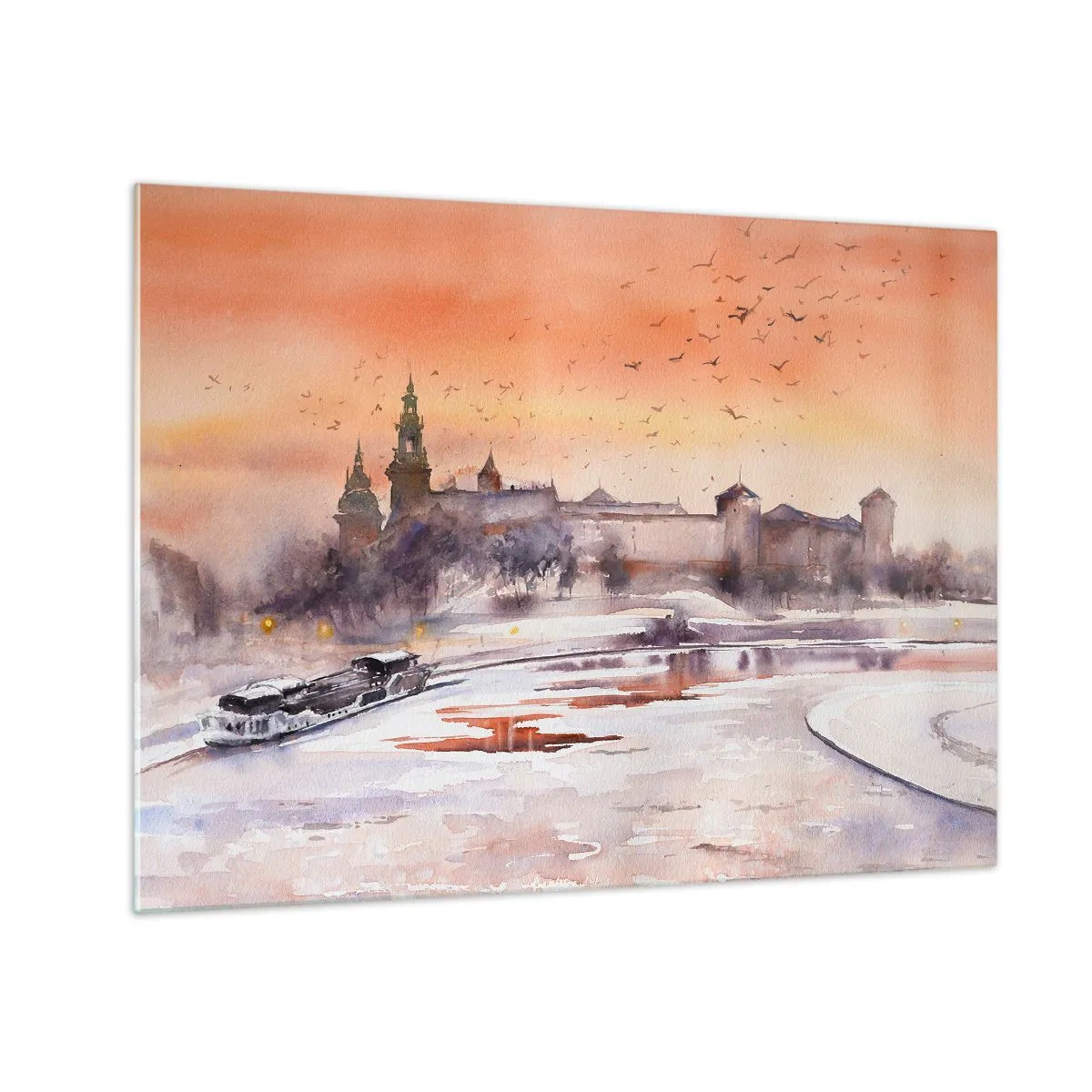 Glass picture - Sunset over the royal castle and the river in winter - 70x50cm - Royal Sunset - Modern wall decoration for the living room and bedroom ARTTOR