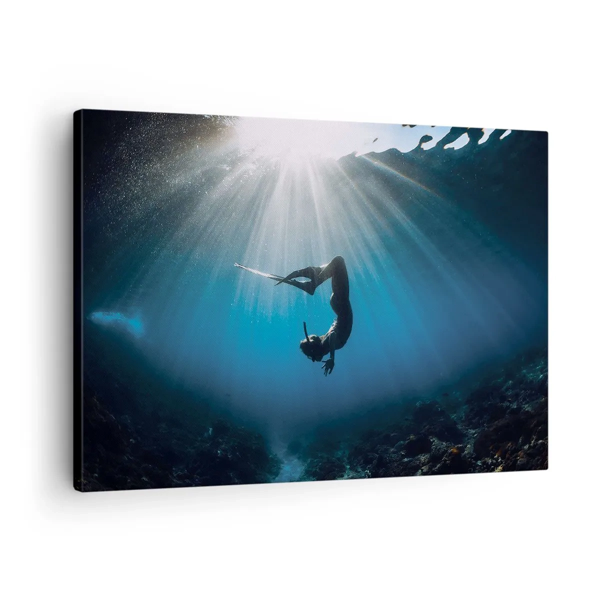 Canvas picture - A diver floating in a beam of light underwater - 70x50cm - Underwater dance - Modern wall decoration for the living room and bedroom ARTTOR