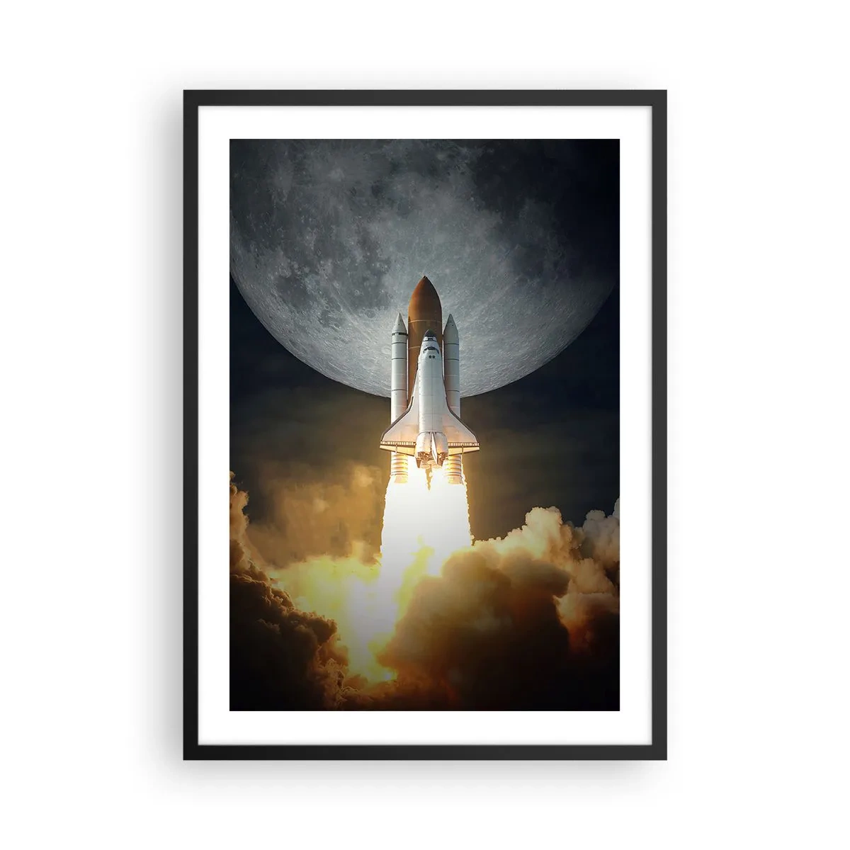 Poster in black frame - Space Shuttle Launch with the Moon in the Background - 50x70cm - Beginning of Unearthly Adventure - Modern wall decoration for the living room and bedroom ARTTOR