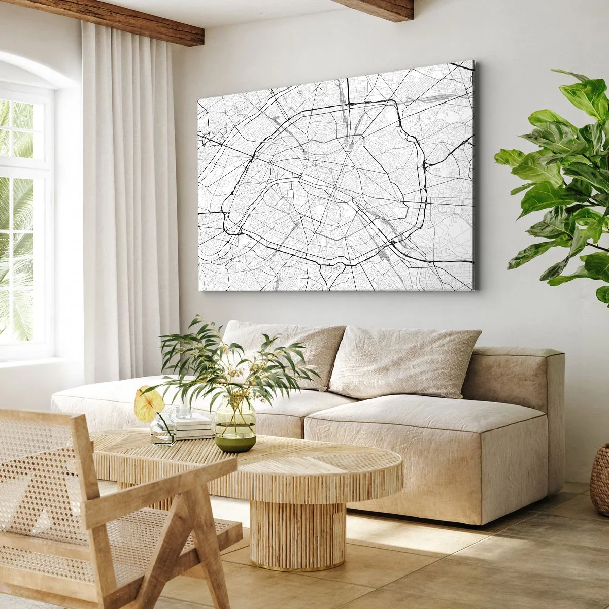 Canvas picture - Minimalist city map in black and white - 70x50cm - Flower of Paris - Modern wall decoration for the living room and bedroom ARTTOR