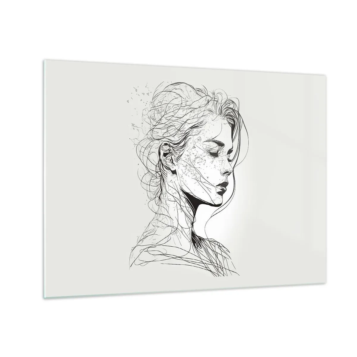 Glass picture - A black and white sketch of a woman with her eyes closed in a delicate line. - 70x50cm - Portrait in Thoughts - Modern wall decoration for the living room and bedroom ARTTOR