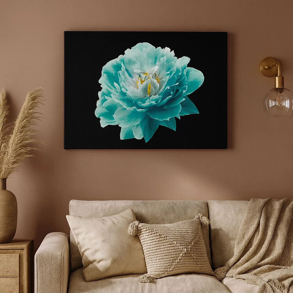Canvas picture - Turquoise peony flower on a black background - 70x50cm - Blue and Gold Petals - Modern wall decoration for the living room and bedroom ARTTOR
