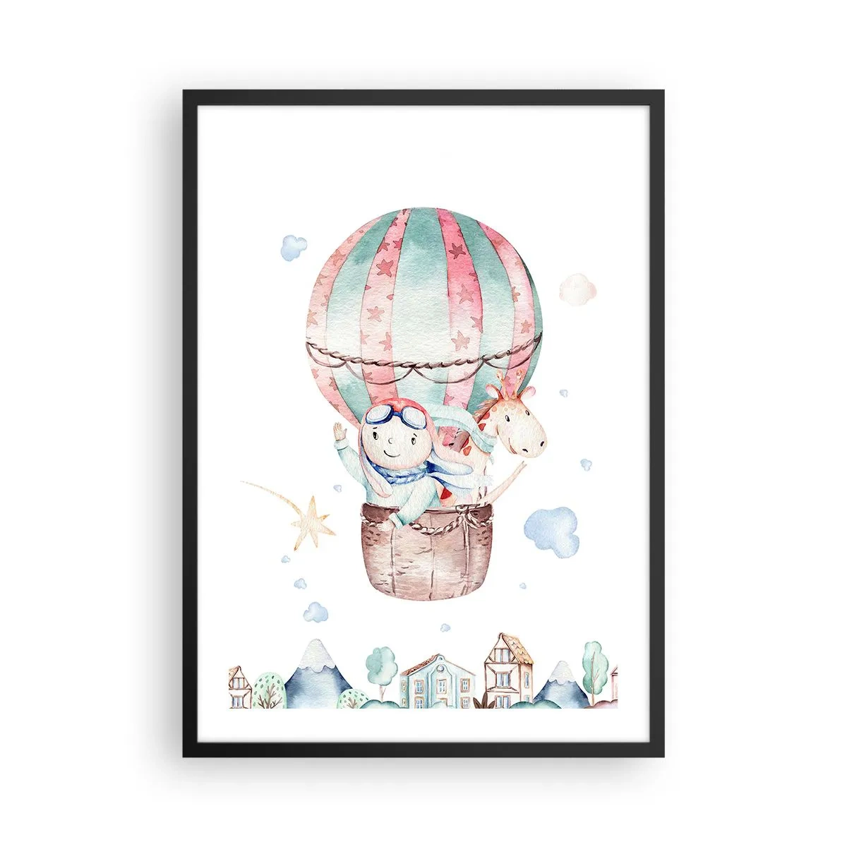 Poster in black frame - cute illustration of a teddy bear flying in a balloon over a town - 50x70cm - We Will Be Back Soon! - Modern wall decoration for the living room and bedroom ARTTOR