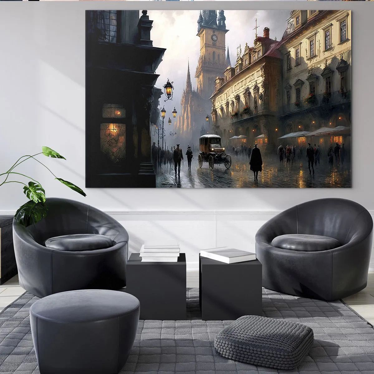 Glass picture - A historic street lit by lanterns at dusk - 70x50cm - Charm of Evening in Prague - Modern wall decoration for the living room and bedroom ARTTOR