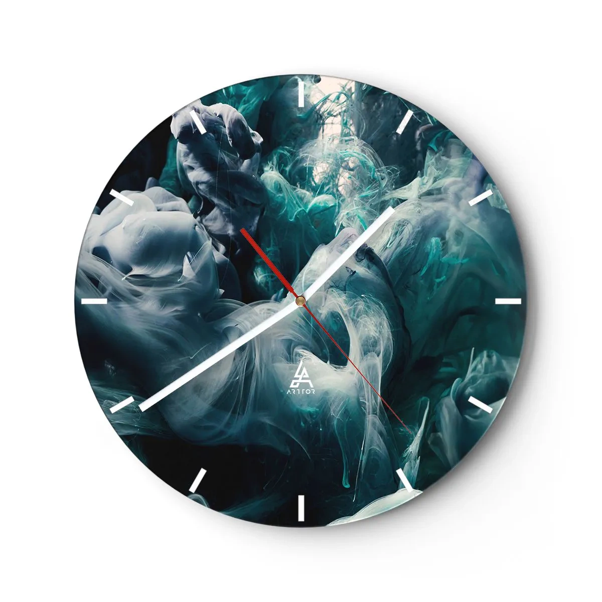 Wall clock - Clock on glass - An abstract composition of smoke and paint in green and gray tones. - 30x30cm - Movement of Colour - Modern wall decoration for the living room, kitchen, and bedroom ARTTOR
