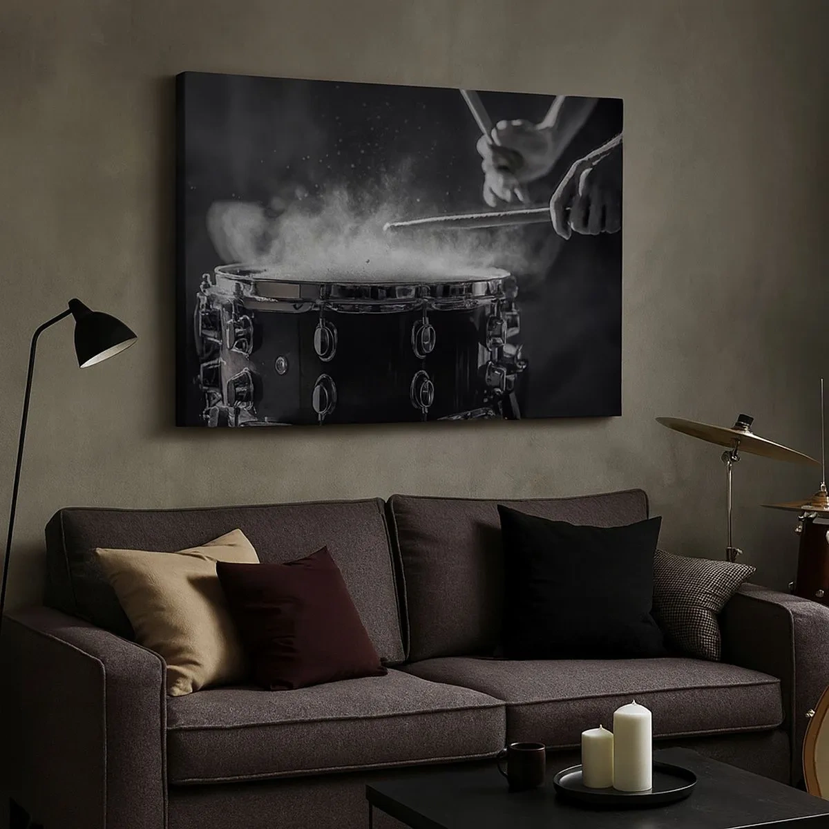 Canvas picture - Hitting the snare drum with sticks with a dust effect - 70x50cm - Pulse of Music - Modern wall decoration for the living room and bedroom ARTTOR