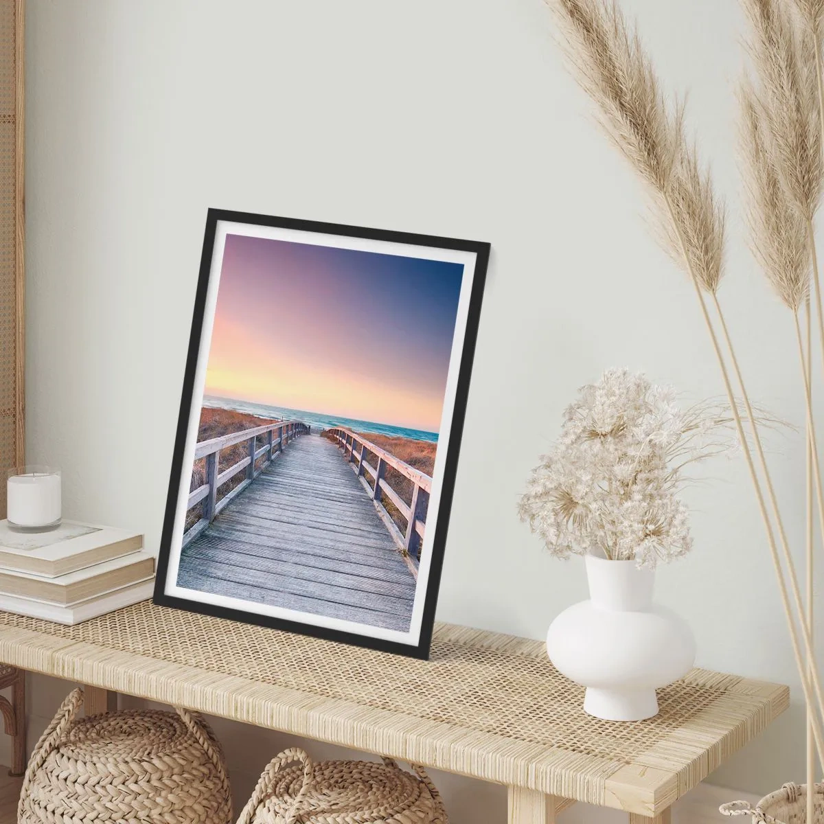 Poster in black frame - A wooden jetty leading to the sea at sunset - 50x70cm - Baltic Evening Aurora - Modern wall decoration for the living room and bedroom ARTTOR