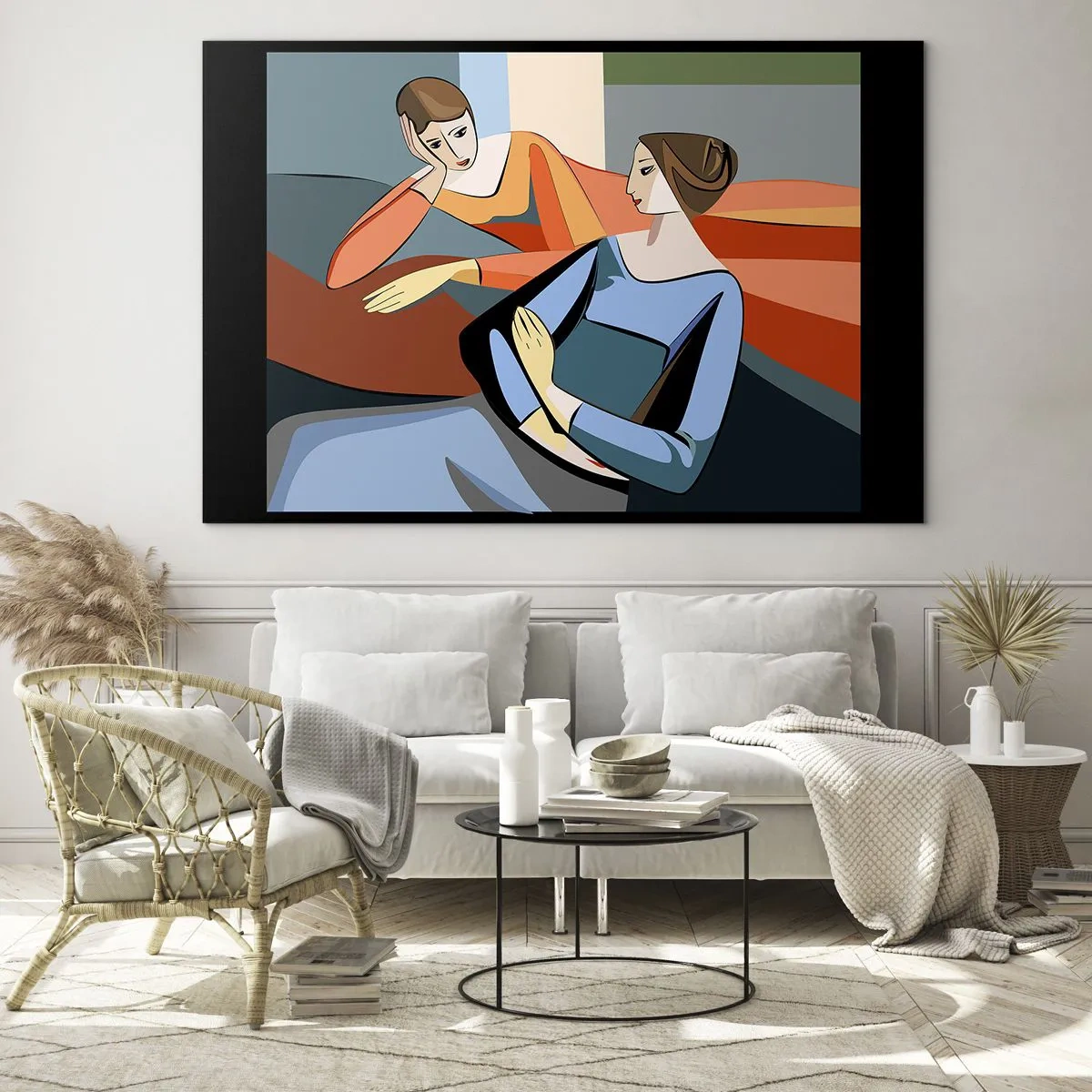 Glass picture - A geometric scene of a conversation between two women against the backdrop of an interior. - 70x50cm - Time for Confession - Modern wall decoration for the living room and bedroom ARTTOR