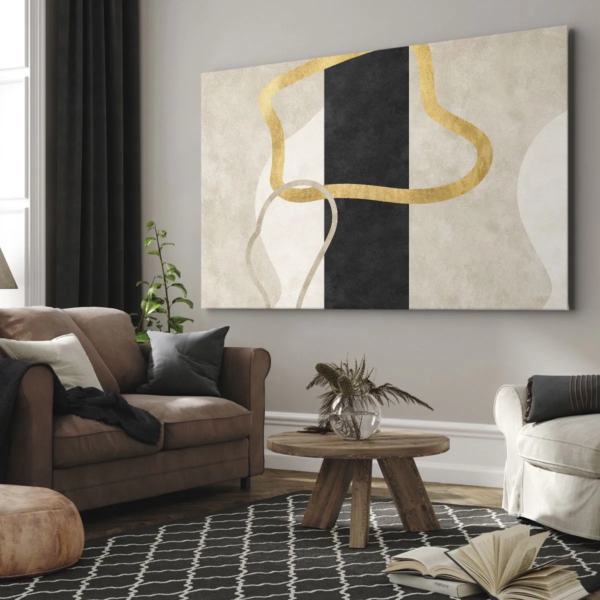 Canvas picture - A minimalist design with looped shapes in gold and black. - 70x50cm - Shapes in Loops - Modern wall decoration for the living room and bedroom ARTTOR