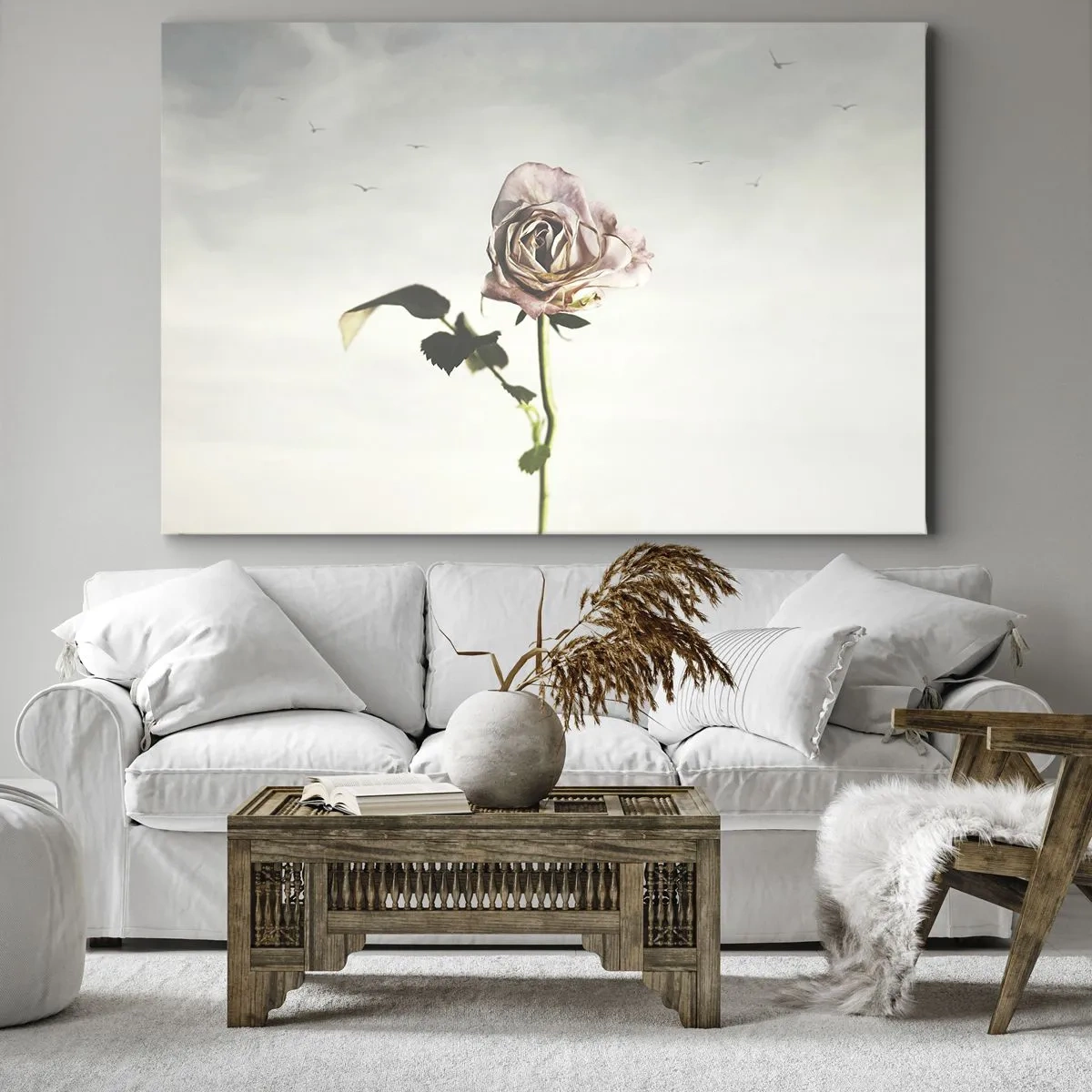 Canvas picture - A delicate rose against a bright sky with flying birds - 70x50cm - Welcoming of Spring - Modern wall decoration for the living room and bedroom ARTTOR