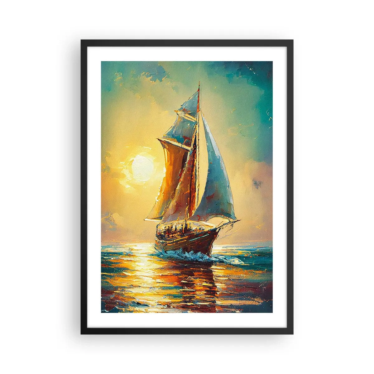 Poster in black frame - A sailing ship against the backdrop of a golden sunset - 50x70cm - Under Full Sails - Modern wall decoration for the living room and bedroom ARTTOR