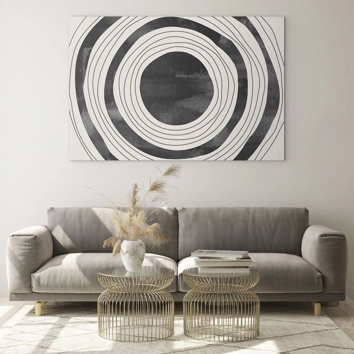 Glass picture - Black and white concentric circles with irregular outlines - 70x50cm - Heart of the Matter - Modern wall decoration for the living room and bedroom ARTTOR