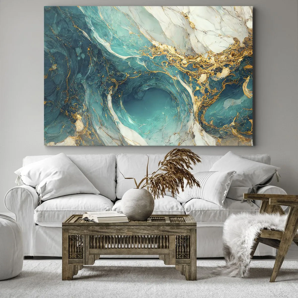 Canvas picture - An abstract composition in shades of turquoise and gold. - 70x50cm - Composition with Veins of Gold - Modern wall decoration for the living room and bedroom ARTTOR
