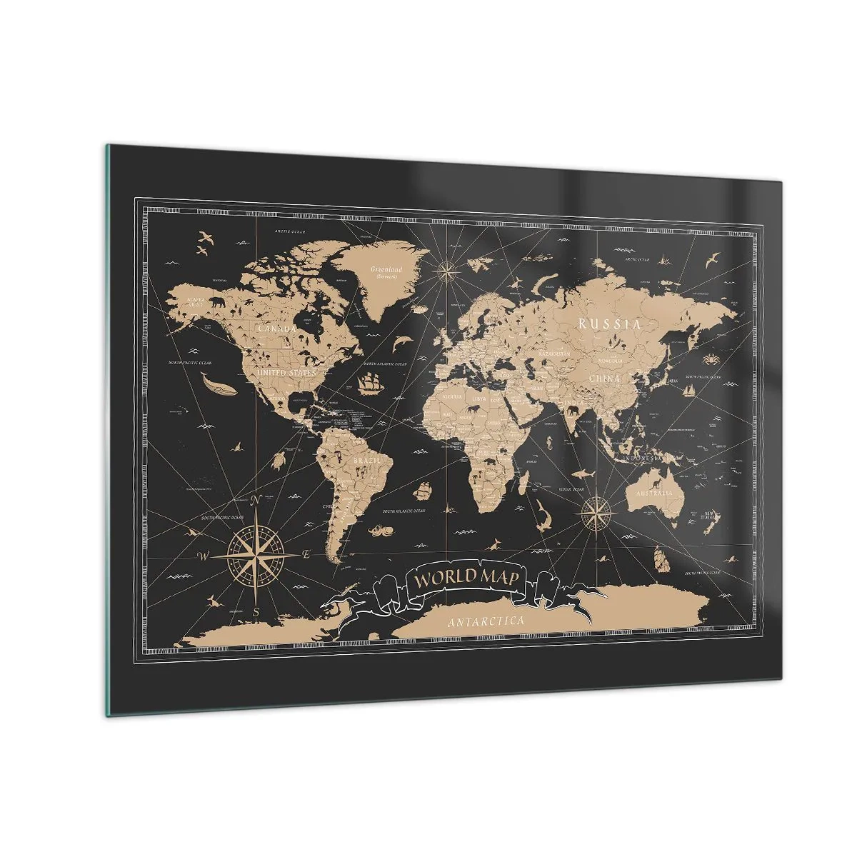 Glass picture - Stylized world map in shades of beige and black - 70x50cm - Borders of My World - Modern wall decoration for the living room and bedroom ARTTOR