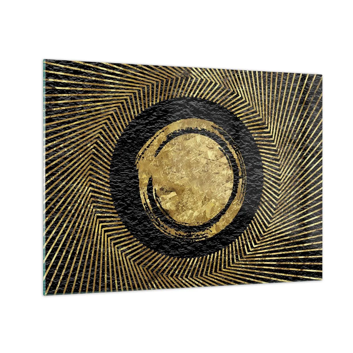 Glass picture - Golden circle with rays on a black background in a glamorous style - 70x50cm - Composition Glamour - Modern wall decoration for the living room and bedroom ARTTOR