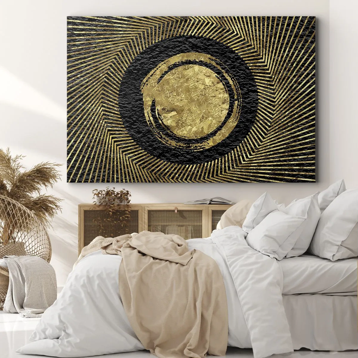 Canvas picture - Geometric composition in black and gold with rays - 70x50cm - Composition Glamour - Modern wall decoration for the living room and bedroom ARTTOR
