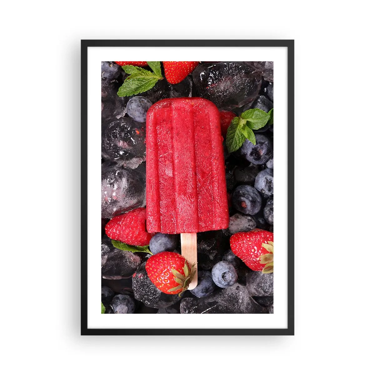 Poster in black frame - Red ice cream sorbet on a stick surrounded by strawberries and blueberries - 50x70cm - Flavour of Hot Summer - Modern wall decoration for the living room and bedroom ARTTOR