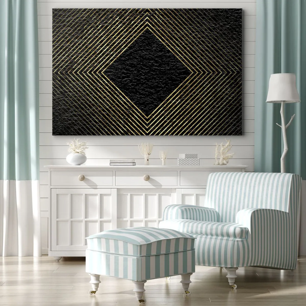Canvas picture - Black background with a geometric pattern of golden lines - 70x50cm - Geometry Glamour Style - Modern wall decoration for the living room and bedroom ARTTOR