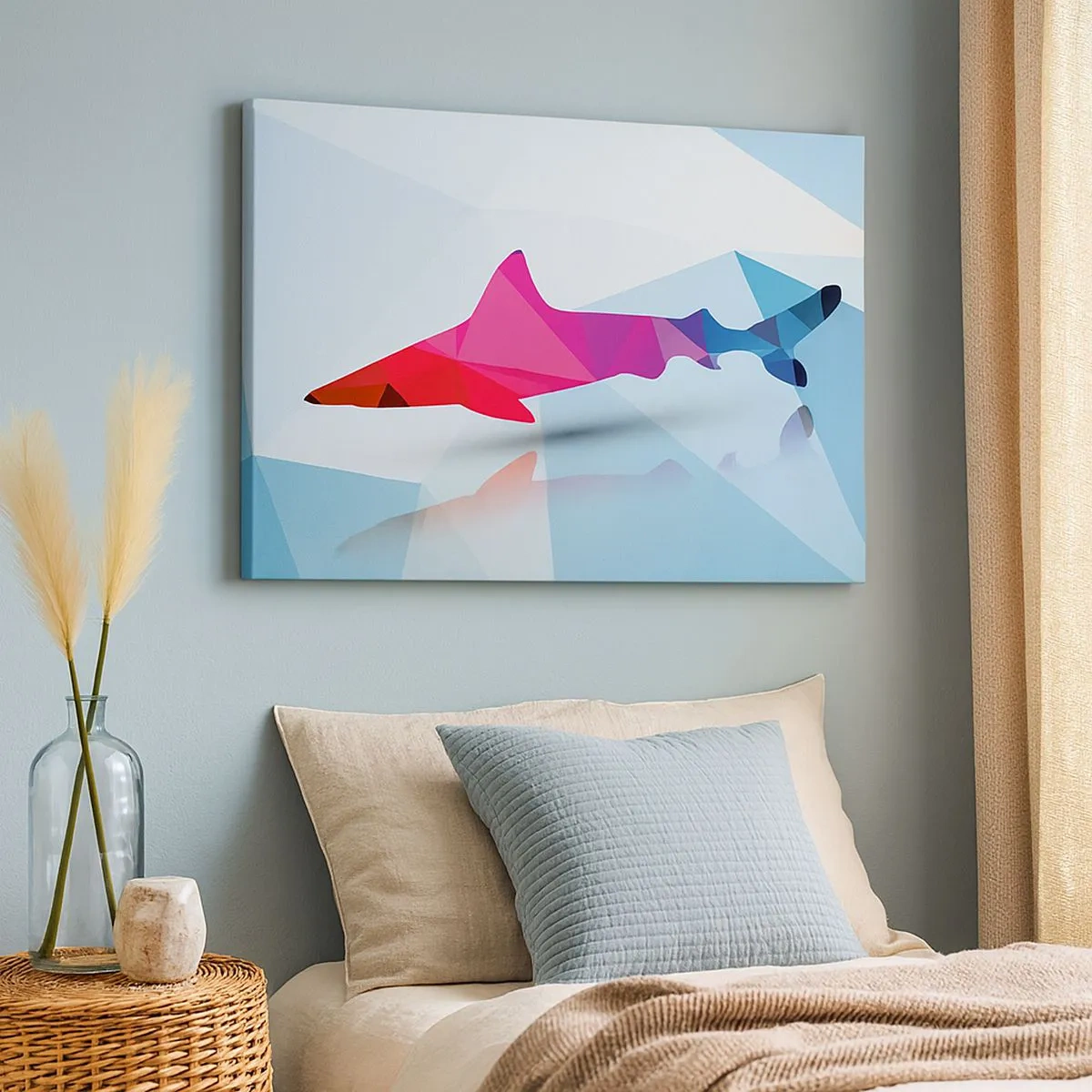 Canvas picture - Geometric shark silhouette in shades of pink and blue - 70x50cm - Shark in a Crystal Environment - Modern wall decoration for the living room and bedroom ARTTOR