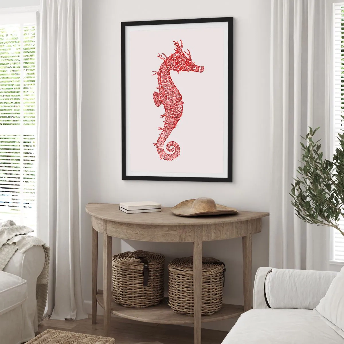 Poster in black frame - Red steampunk seahorse on a light background - 50x70cm - Intricate Creation - Modern wall decoration for the living room and bedroom ARTTOR