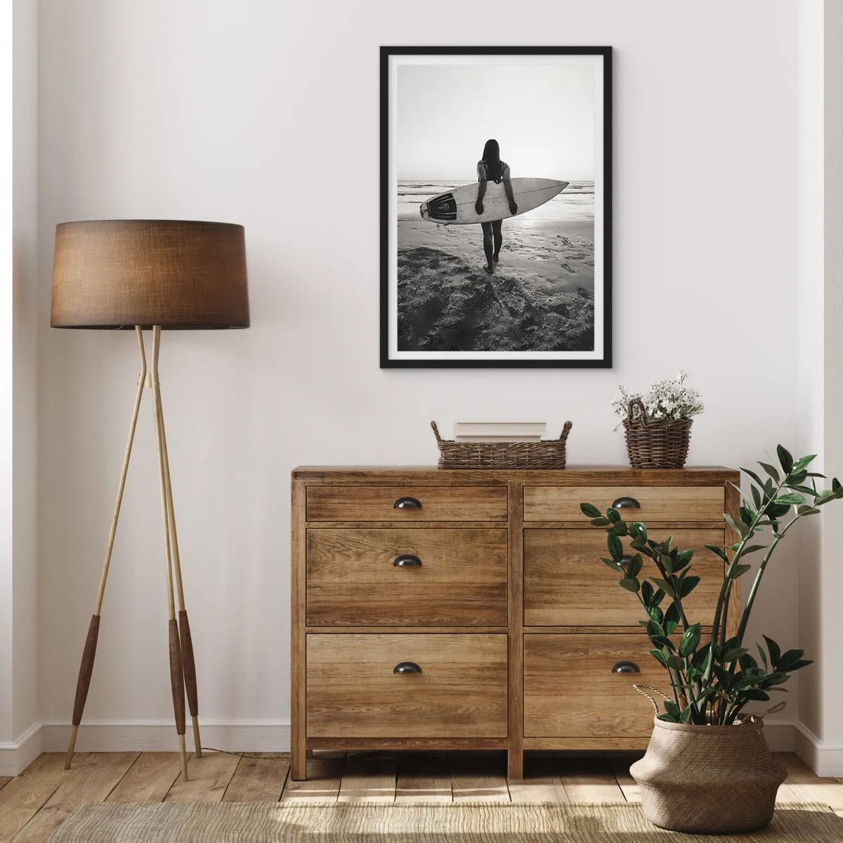Poster in black frame - Woman with a surfboard on the beach at sunset - 50x70cm - Daughter of Sea Wave - Modern wall decoration for the living room and bedroom ARTTOR