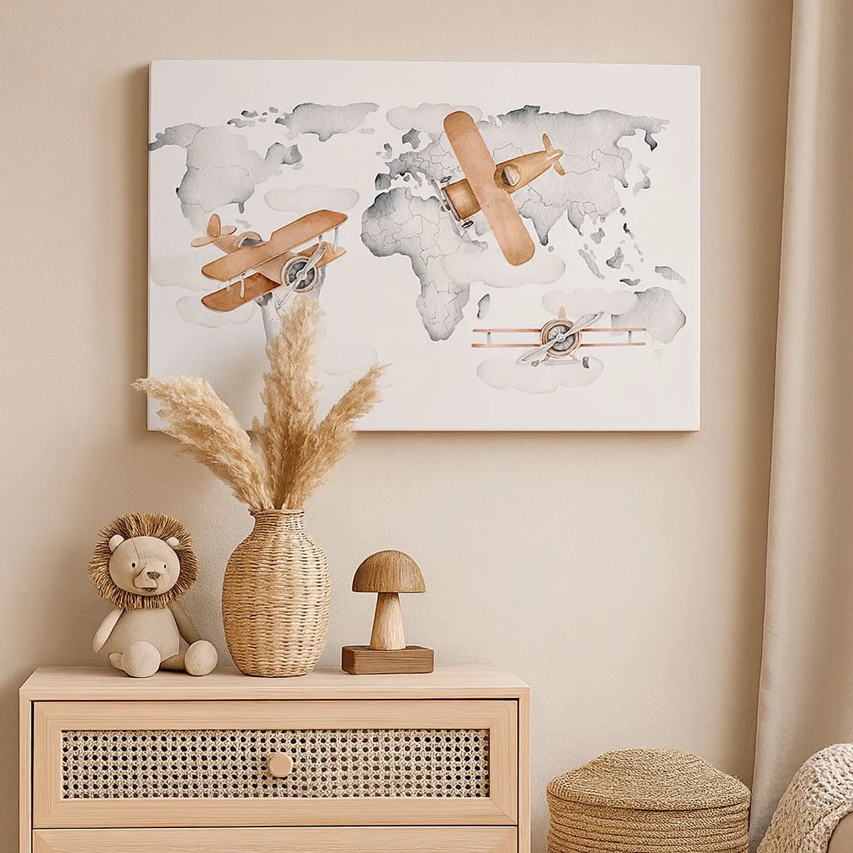 Canvas picture - Illustration of a world map with airplanes - 70x50cm - In a Pioneering Spirit - Modern wall decoration for the living room and bedroom ARTTOR