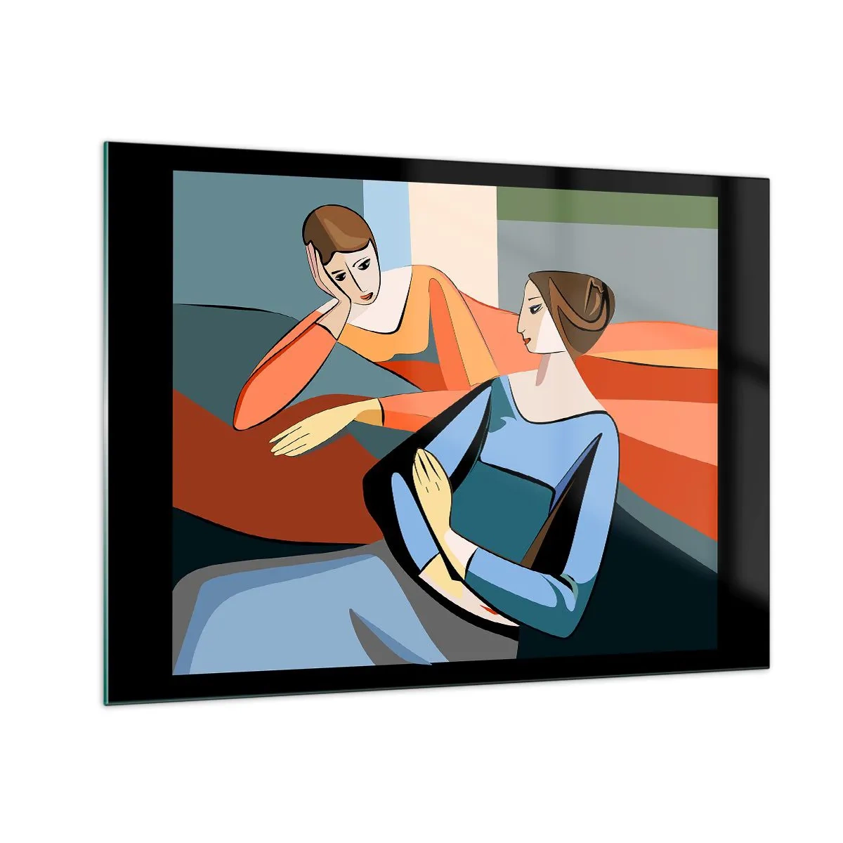 Glass picture - A geometric scene of a conversation between two women against the backdrop of an interior. - 70x50cm - Time for Confession - Modern wall decoration for the living room and bedroom ARTTOR