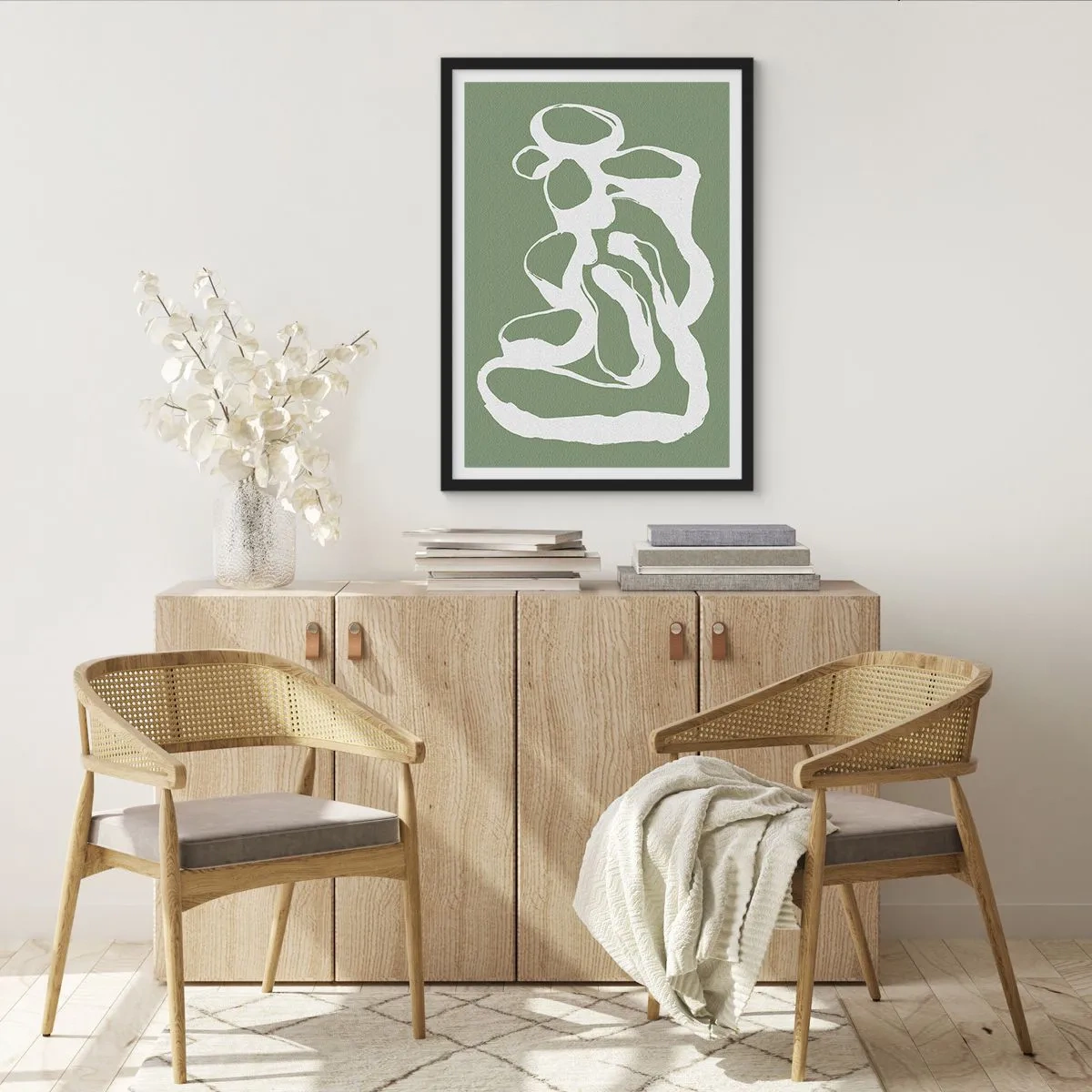 Poster in black frame - Abstract white composition on a green background - 50x70cm - The Call of Space - Modern wall decoration for the living room and bedroom ARTTOR
