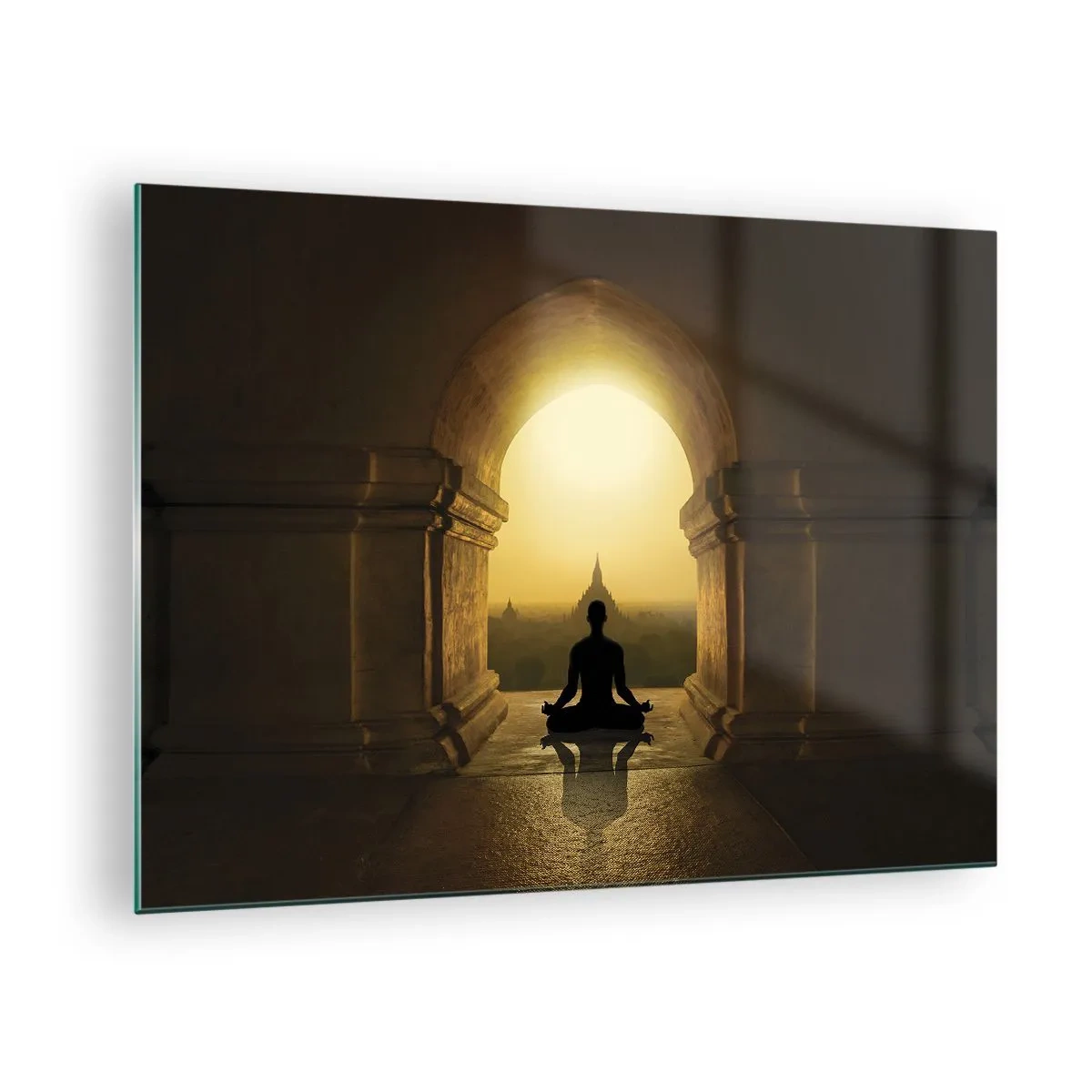 Glass picture - Silhouette of a meditating person in the light of the setting sun in an architectural arch - 70x50cm - Full Harmony - Modern wall decoration for the living room and bedroom ARTTOR
