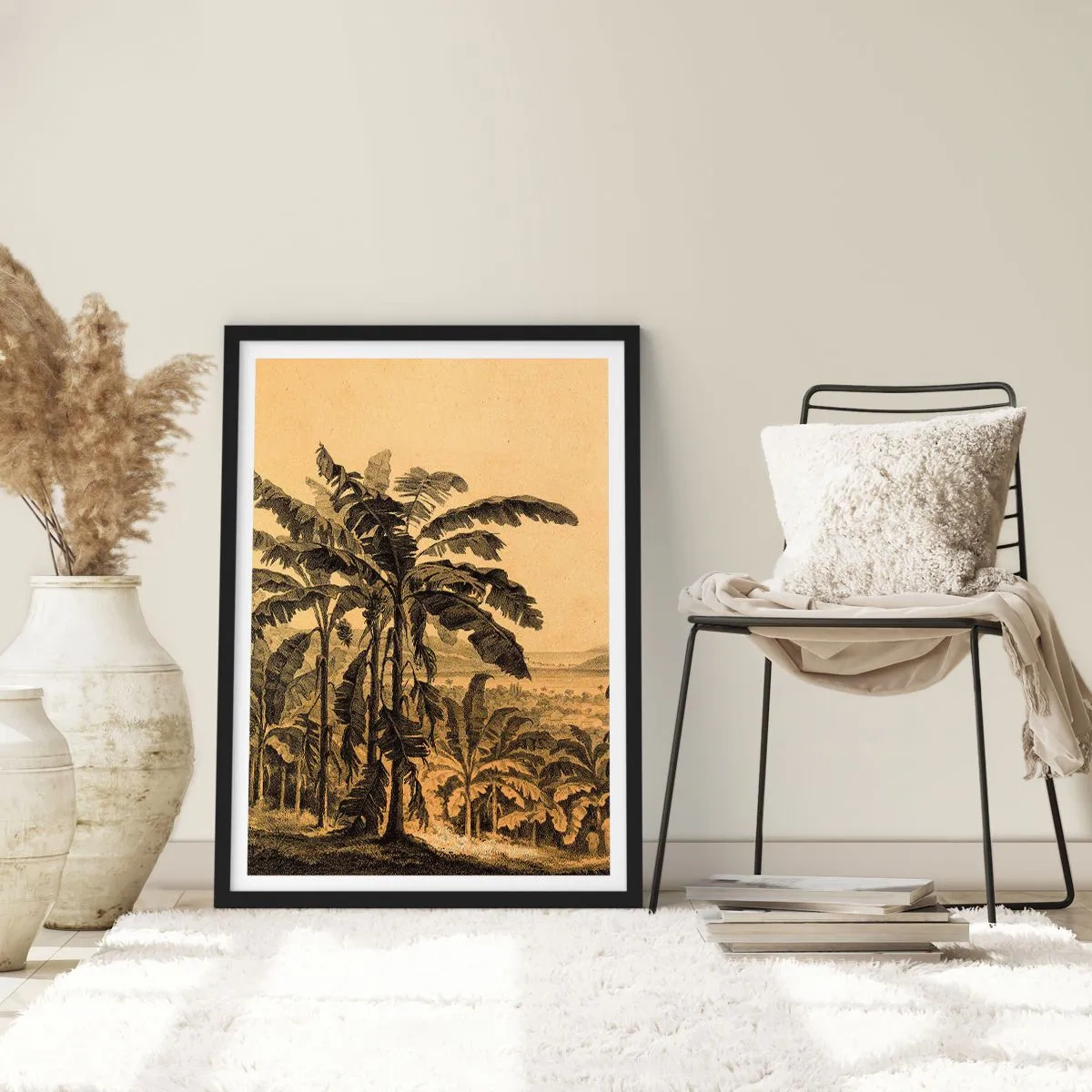 Poster in black frame - Illustration of palm trees against a tropical landscape background - 50x70cm - In Colonial Character - Modern wall decoration for the living room and bedroom ARTTOR