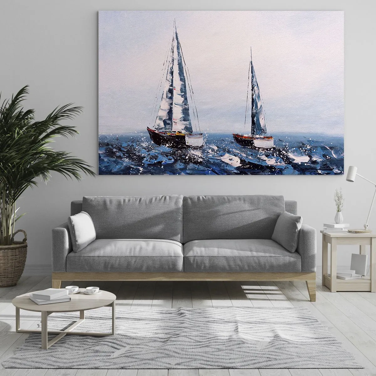 Glass picture - Two yachts on a stormy sea in an impressionistic painterly style. - 70x50cm - Brotherhood of Wind - Modern wall decoration for the living room and bedroom ARTTOR