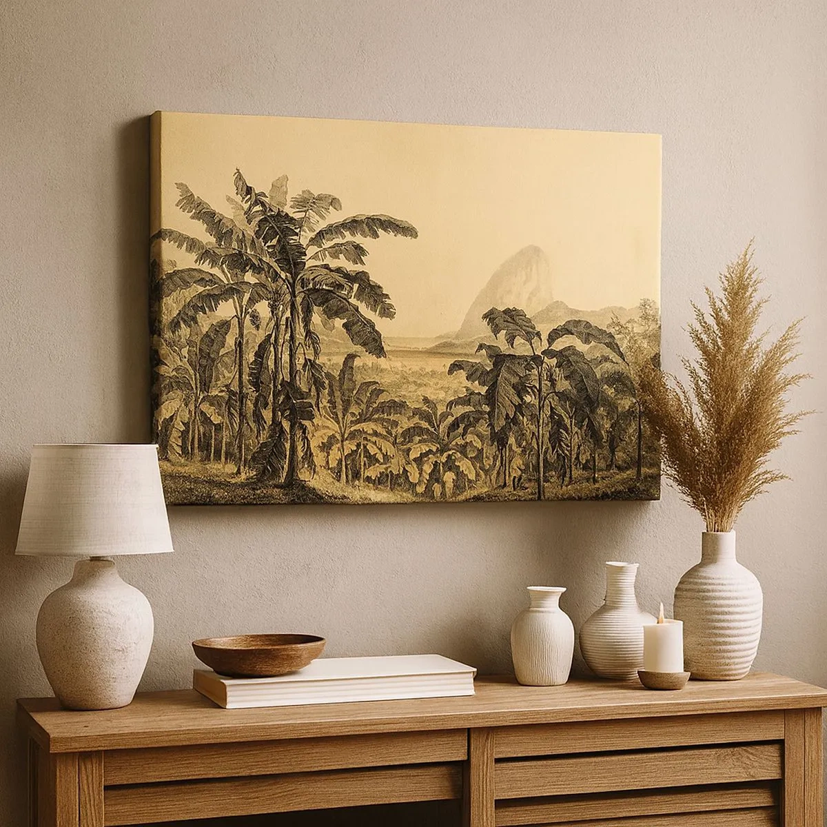 Canvas picture - Drawing of banana trees against a tropical landscape background - 70x50cm - In Colonial Character - Modern wall decoration for the living room and bedroom ARTTOR