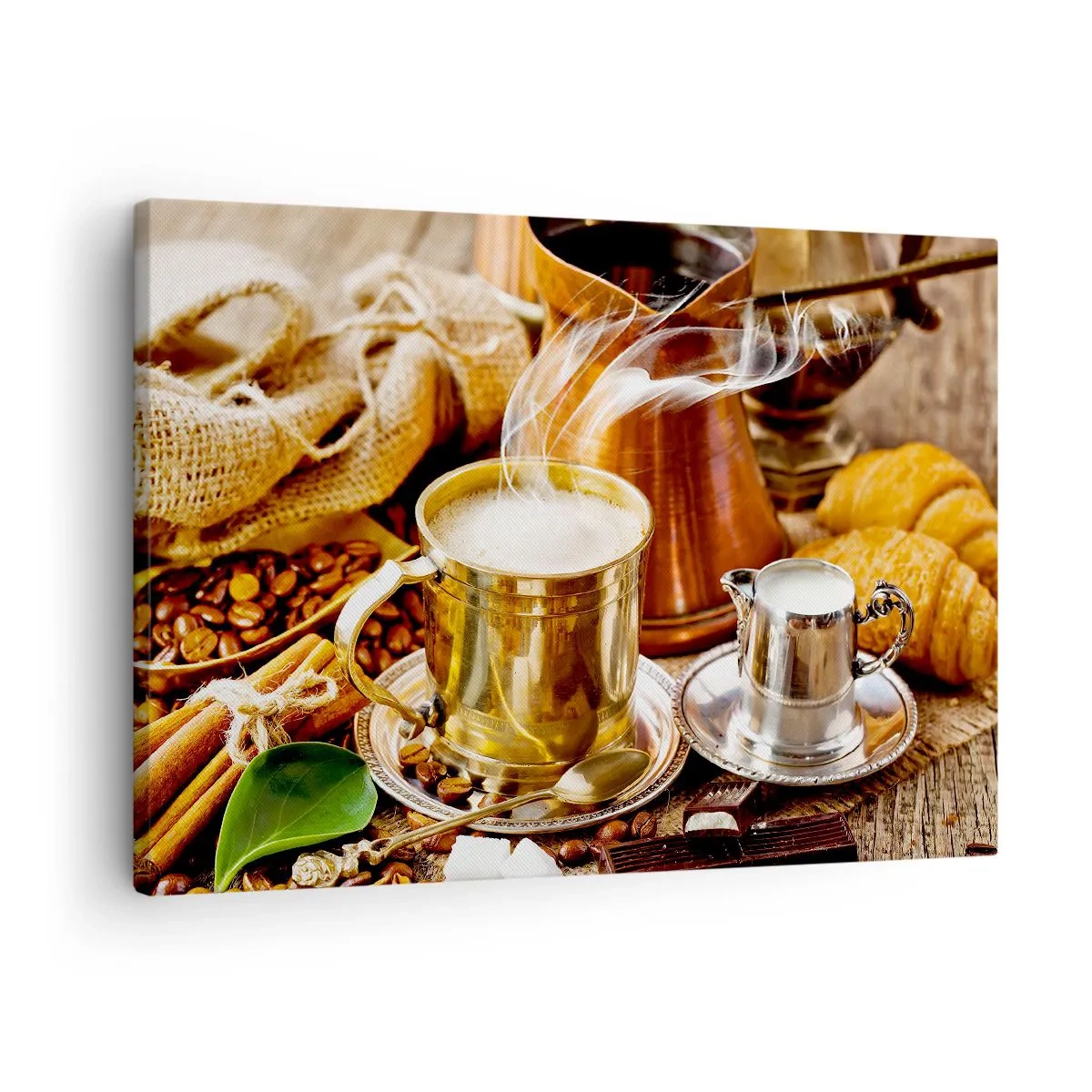 Canvas picture - A golden mug of coffee surrounded by beans, jugs and croissants - 70x50cm - Have a Nice Day! - Modern wall decoration for the living room and bedroom ARTTOR