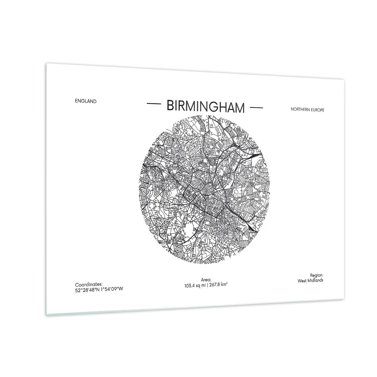 Glass picture - Black and white map of Birmingham in a modern graphic style - 70x50cm - Anatomy of Birmingham - Modern wall decoration for the living room and bedroom ARTTOR