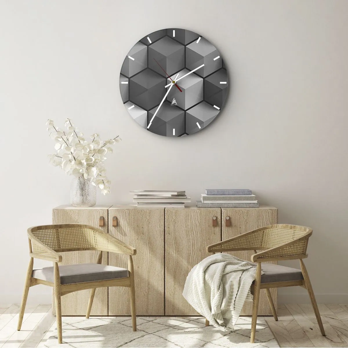 Wall clock - Clock on glass - 3D cubic figures in a geometric arrangement - 30x30cm - Cubist Jigsaw - Modern wall decoration for the living room, kitchen, and bedroom ARTTOR