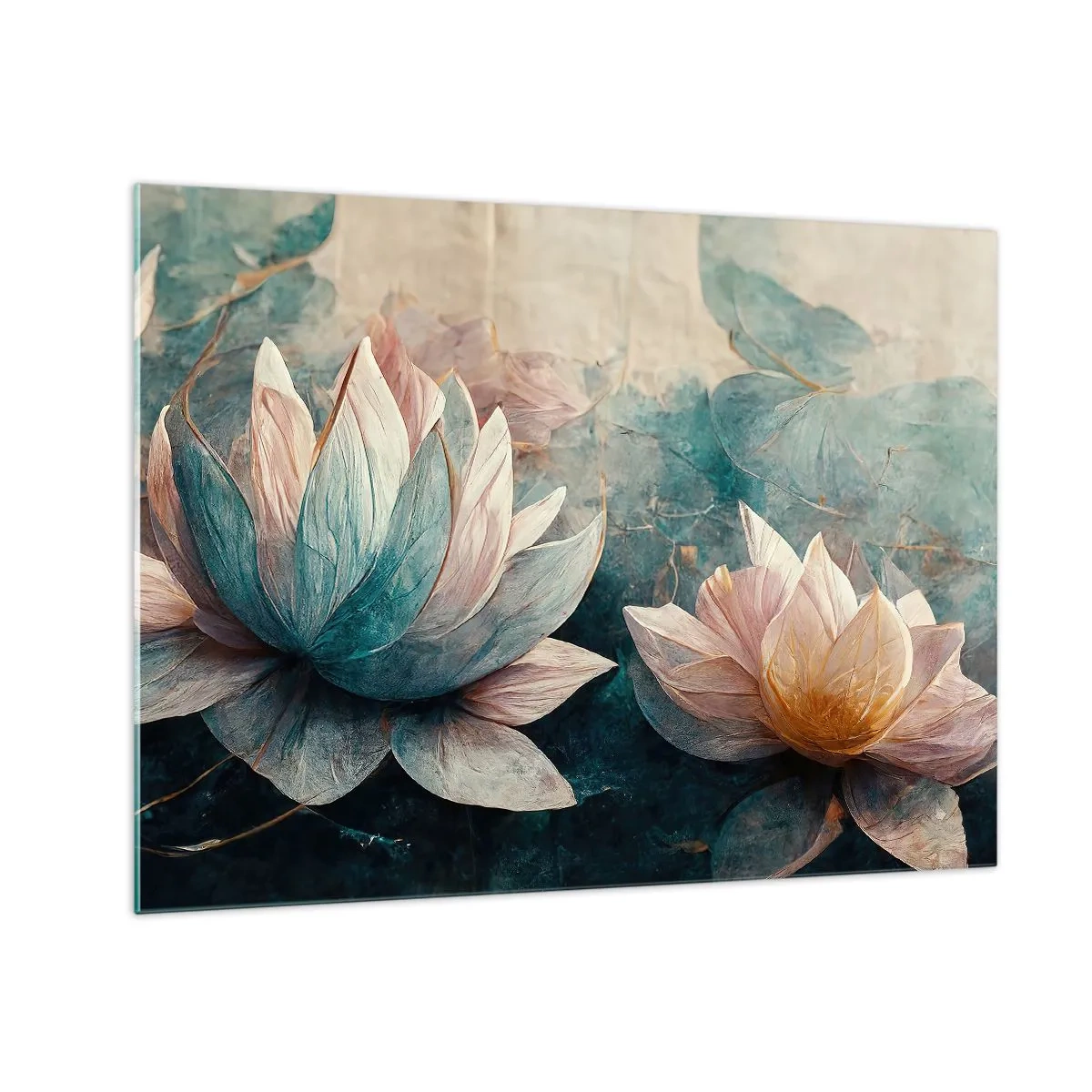 Glass picture - Artistic representation of lotus flowers against a background of water leaves. - 70x50cm - Stars of the Lake - Modern wall decoration for the living room and bedroom ARTTOR